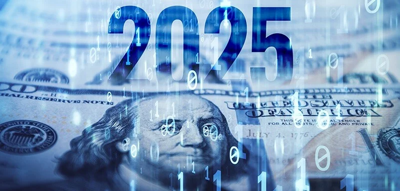 The image shows a U.S. hundred-dollar bill with the year "2025" in large blue digits. Binary numbers overlay the scene, suggesting themes of digital transformation and the future of finance.