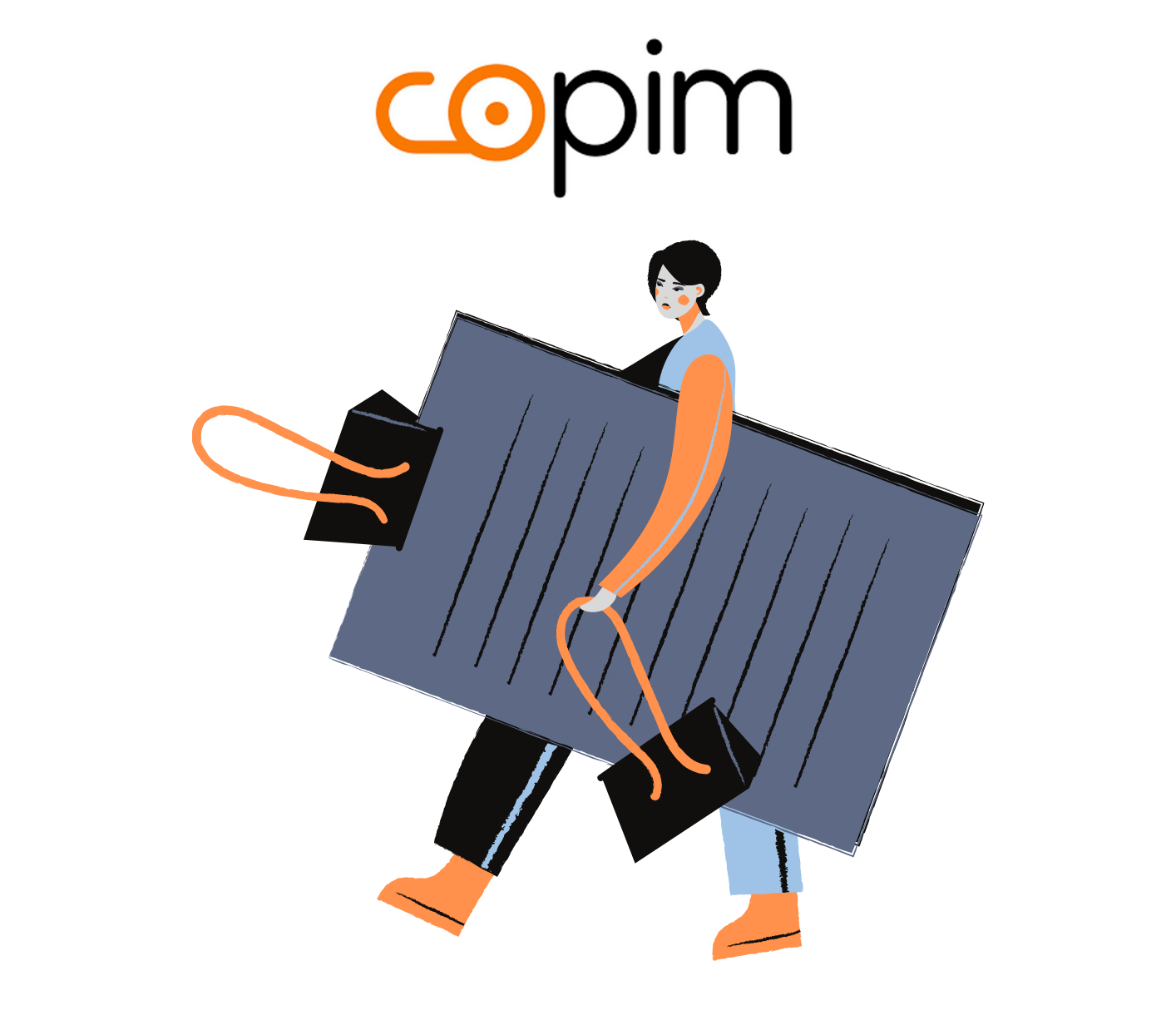 PNG image in black, white, blue, and orange depicting a person holding a large notepad and with the COPIM logo displayed at the top.