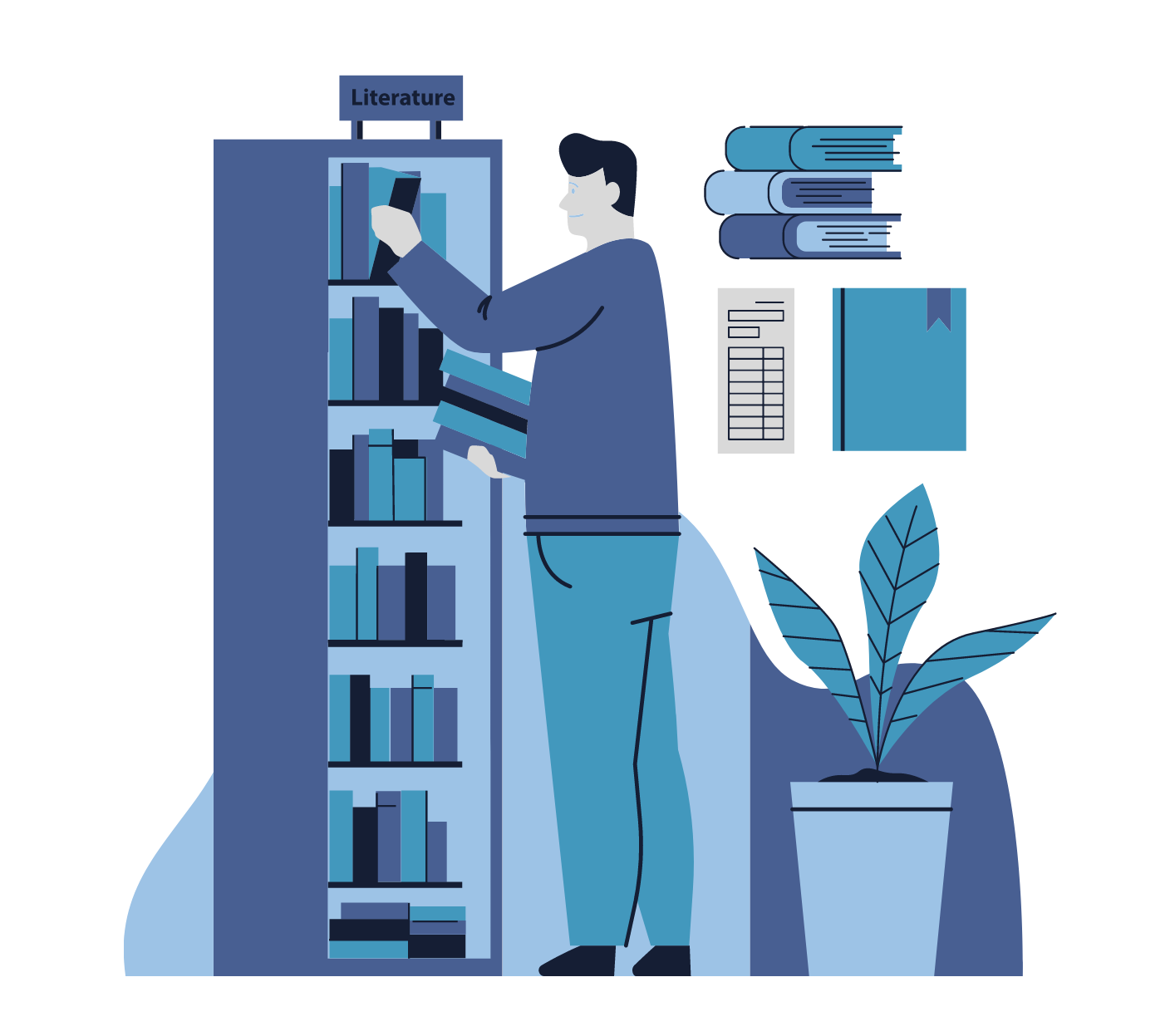 PNG image in black, white and blue depicting a person adding books to a full shelf and surrounded by notepads, plants, and books..