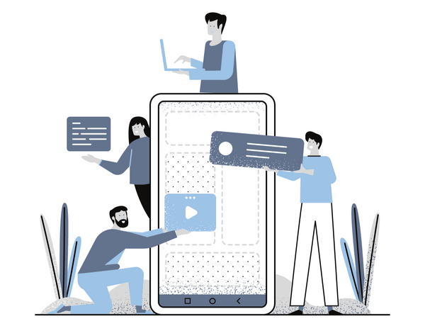 PNG in various shades of blue of four people arranging sections into a human-sized tablet