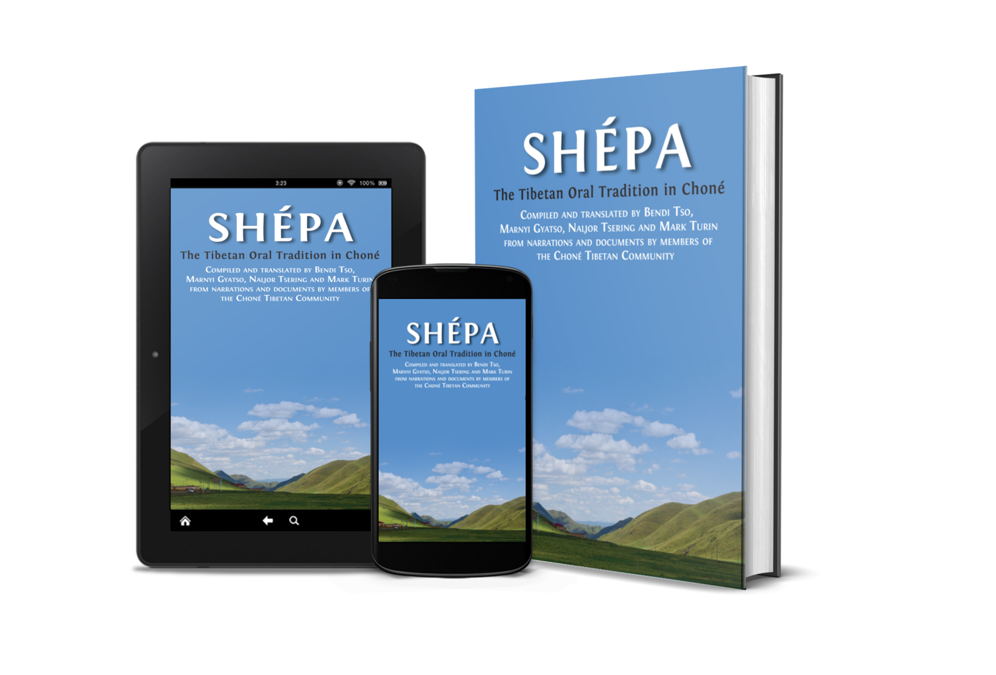 Cover of 'Shépa' on a 3D image of a tablet, a phone, and a book.